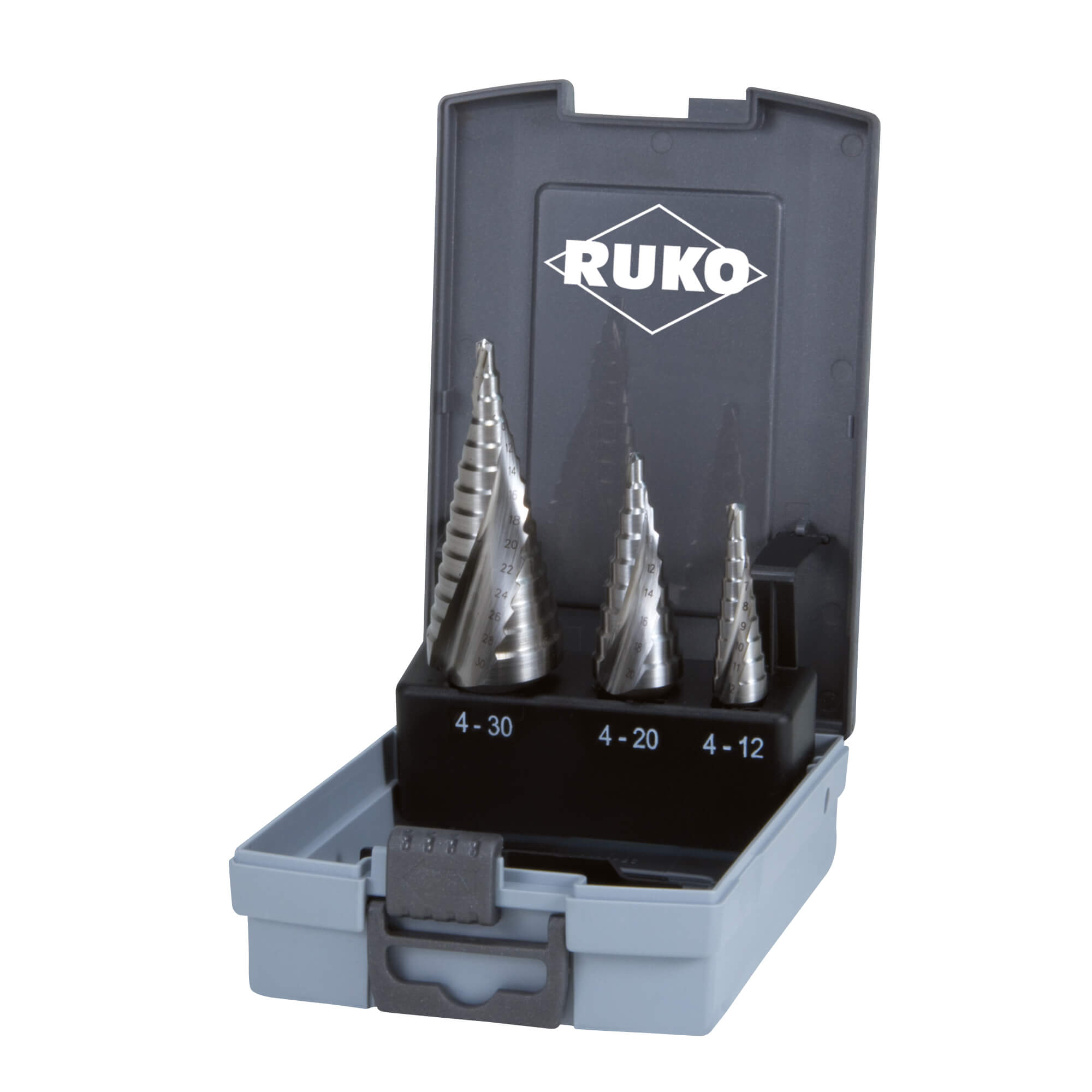 RUKO Stufenbohrer-Satz HSS spiralgenutet in den Größen 0/9, 1, 2 in Kunststoffkassette - 3 tlg.