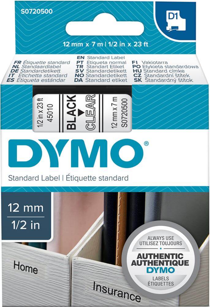 DYMO Schriftband D1 45010 schwarz/transparent 12mmx7m DYMO